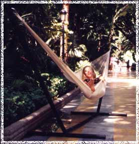 Our Debs swinging  in her favourite hammock